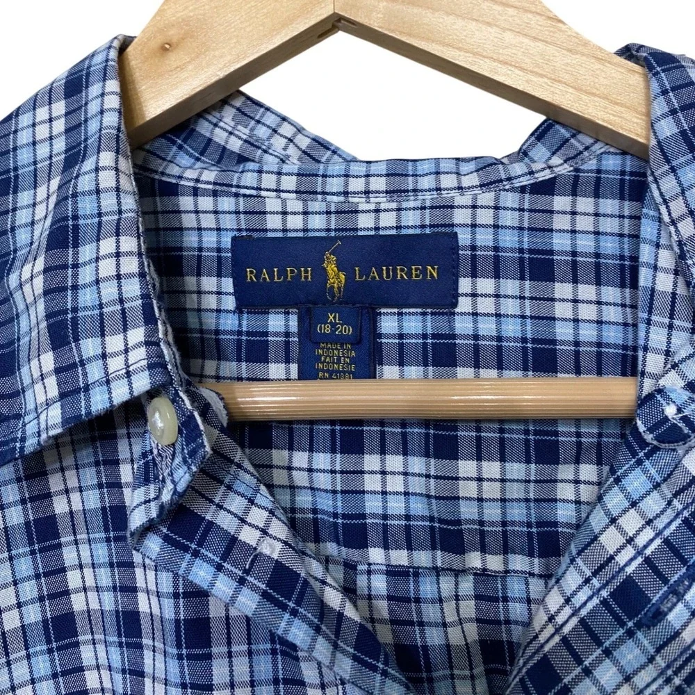 Ralph Lauren Mens XL 18-20‎ Blue White Plaid Short Sleeve Button Down Shirt Pony